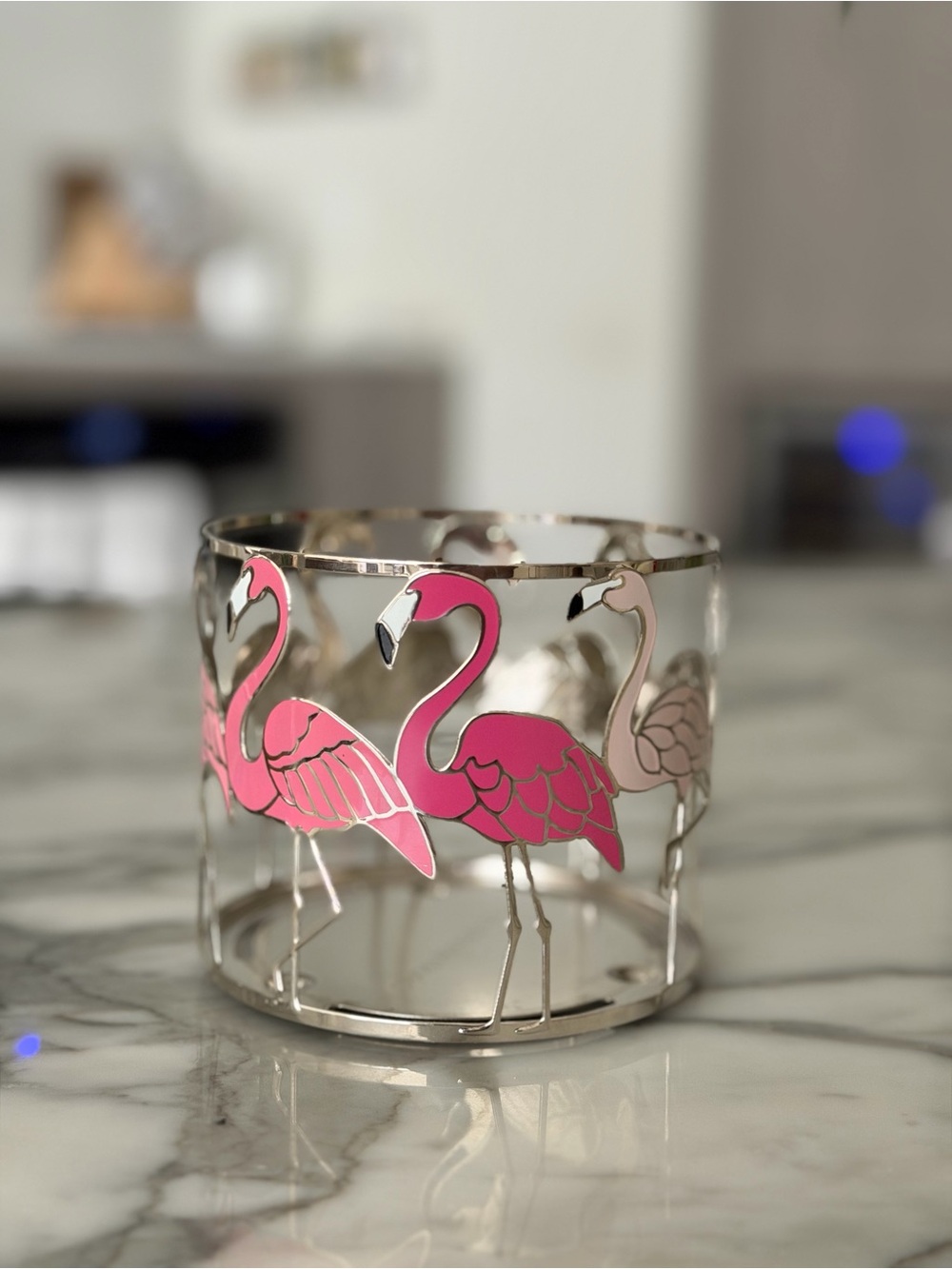 Bath & Body Works Silver Flamingo Candle Sleeve with Pink Accents